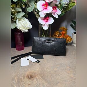 Ed Hardy Black Embossed Leather Zip-Around Wallet Wristlet